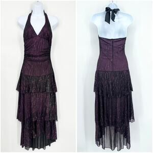 Vintage 90s Y2k Tiered Maxi Dress Sparkle Rhinestone Crystal Halter Prom Formal